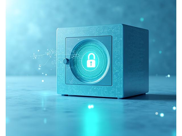 Digitale Sicherheit, symbolisch dargestellt durch einen sicheren Datentresor mit einem Schloss-Icon auf einem Bildschirm, umgeben von einem schützenden Netz