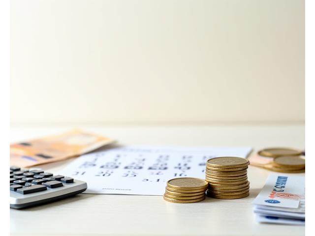 Abbildung von Geldmünzen, einem Taschenrechner und einem Kalenderblatt, die monatliche Raten und Finanzplanung symbolisieren.