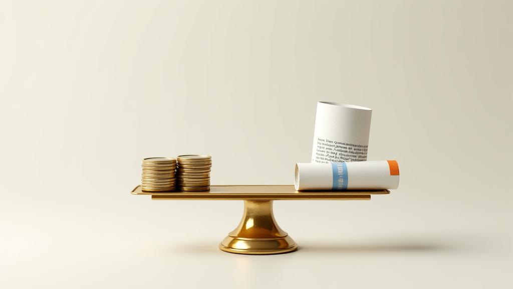 Eine Waage, die finanzielle Flexibilität und Anpassungsfähigkeit symbolisiert, mit Münzen auf einer Seite und einem Vertrag auf der anderen.