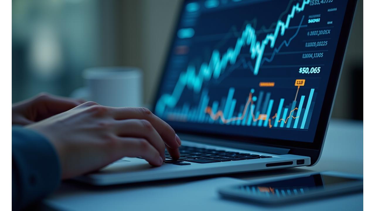 Menschliche Hände tippen auf einem Laptop mit Zahlen und Fragezeichen auf dem Bildschirm, symbolisiert die Suche nach Antworten zu finanziellen Fragen.