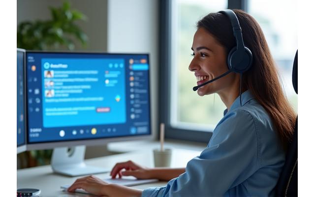 Ein freundlicher Kundenservice-Mitarbeiter mit Headset am Computer, der Hilfsbereitschaft und schnellen Support symbolisiert.