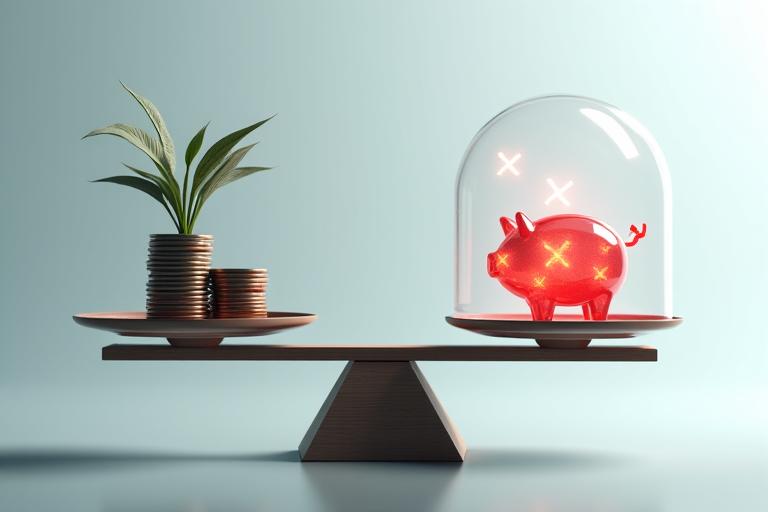Eine Waage, die finanzielle Risiken gegen Ausgewogenheit visualisiert, mit roten Warnsymbolen.