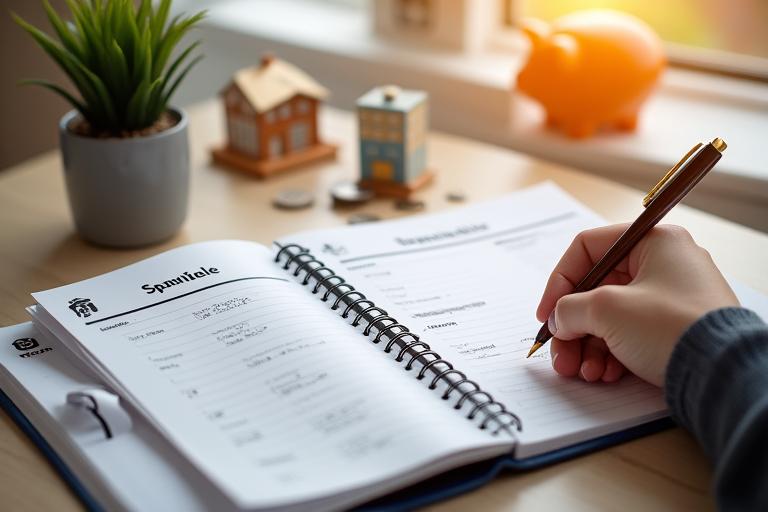 Eine Hand hält ein Notizbuch, in dem Finanzziele und ein Stift sichtbar sind, mit Sparschwein im Hintergrund.