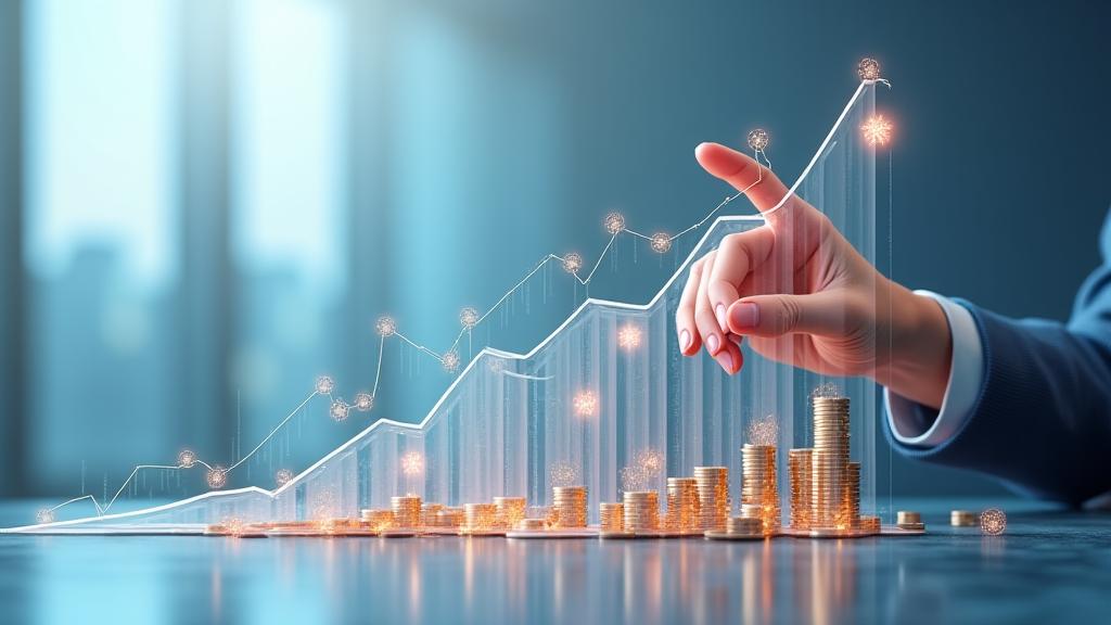 Grafik zur finanziellen Souveränität mit Zahlen, Pfeilen und Symbolen für Wachstum.