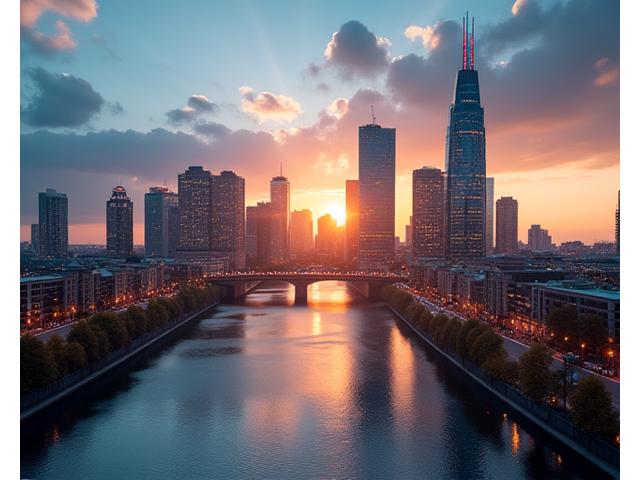 Frankfurt am Main Skyline bei Sonnenuntergang