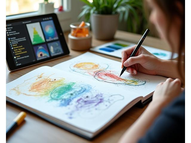 Eine Designerin arbeitet am Skizzenbuch, umgeben von kreativen Utensilien, symbolisiert flexible Lösungen für unregelmäßige Einkünfte.