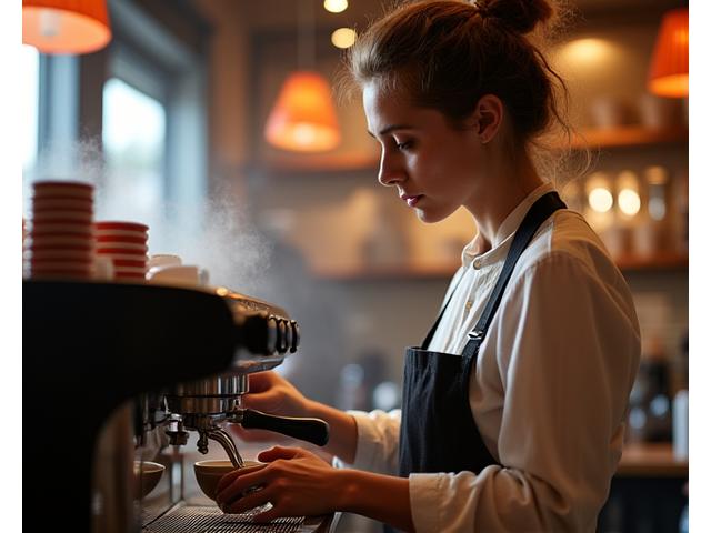 Ein Barista bereitet Kaffee zu, symbolisiert Warenkredite und saisonale Liquidität für Gastronomiebetriebe.