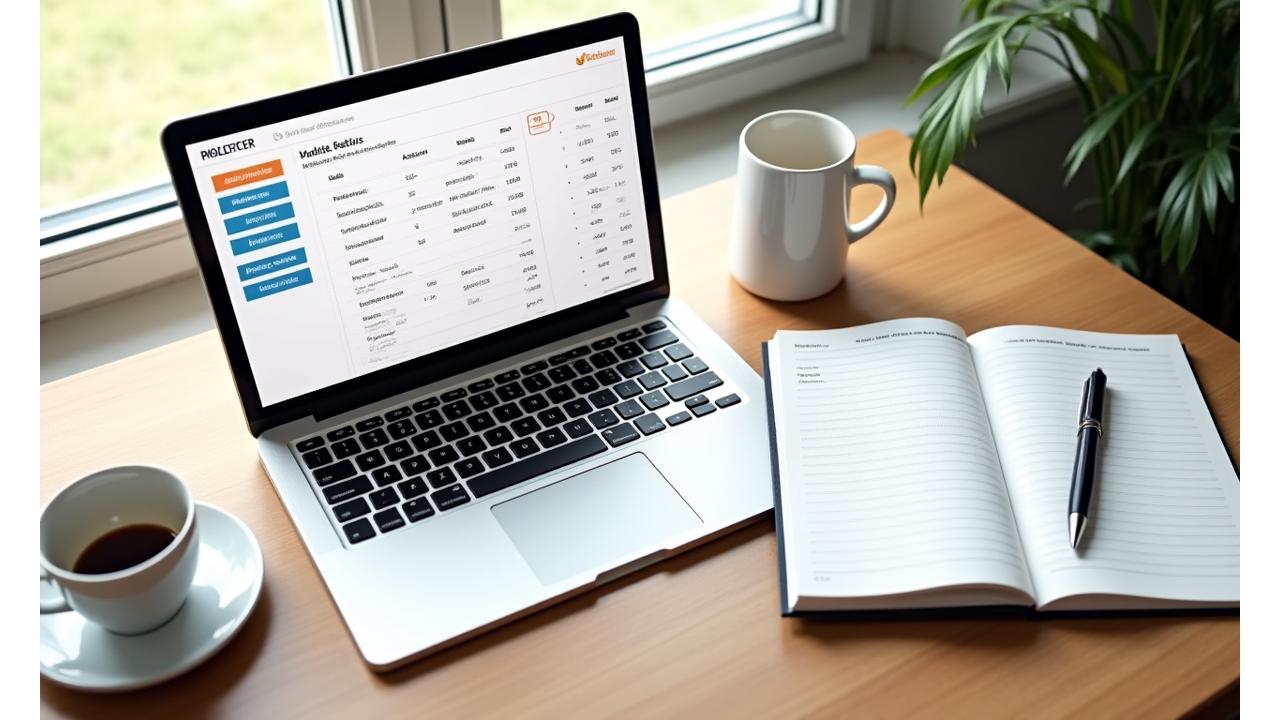 Laptop mit Finanzsoftware und Diagrammen, davor eine aufgeschlagene Agenda und Stift, symbolisiert Planung und smarte Finanzlösungen für Selbständige.