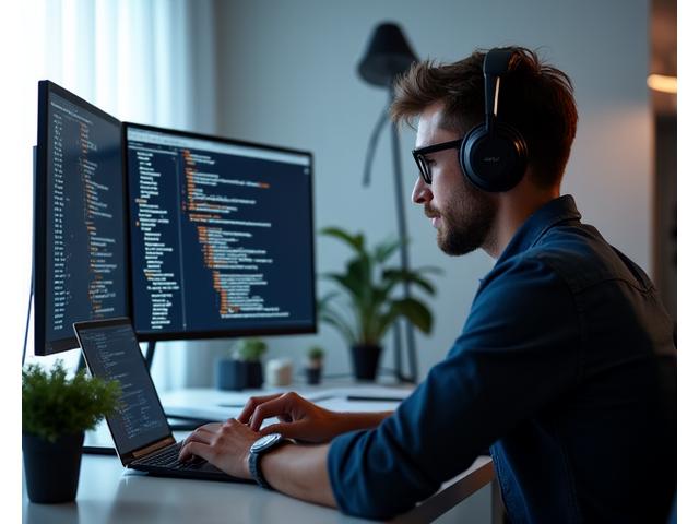 IT-Freelancer bei der Arbeit an einem Laptop, umgeben von technischem Equipment, symbolisiert projektbasierte Finanzierung.