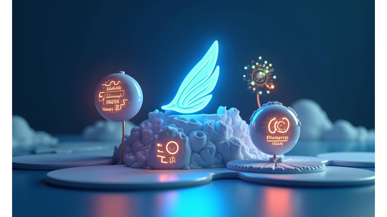 Illustration des Zahlenflug-Logos über einem stilisierten Berggipfel, umgeben von Icons, die Geschwindigkeit, Transparenz und Flexibilität symbolisieren