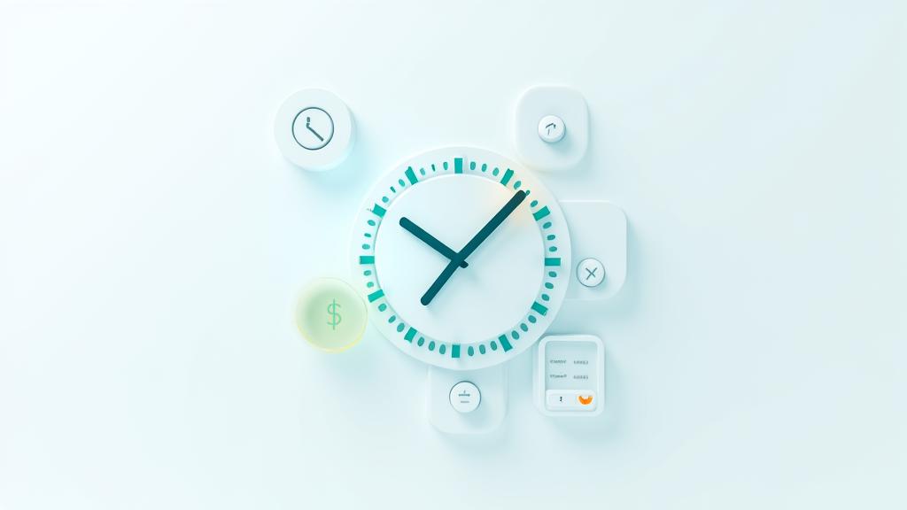 Illustration einer digitalen Uhr, die eine schnelle Entscheidung symbolisiert, umgeben von Finanzdokumenten und einem grünen Haken