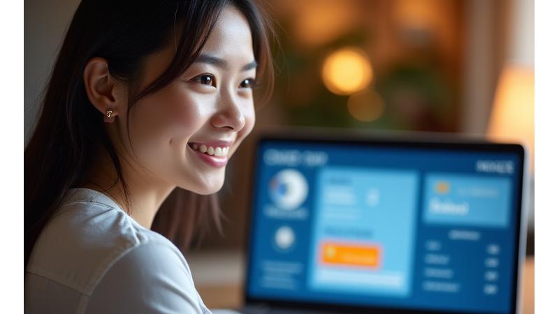 Illustration einer Frau, die an einem Computer personalisierte Kreditempfehlungen von Zahlenflug prüft