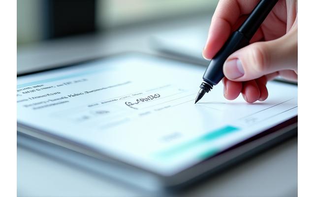 Elektronischer Stift unterschreibt auf einem Tablet einen Vertrag