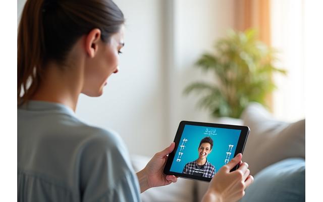 Person lächelt in Kamera während Video-Identifikation auf Tablet