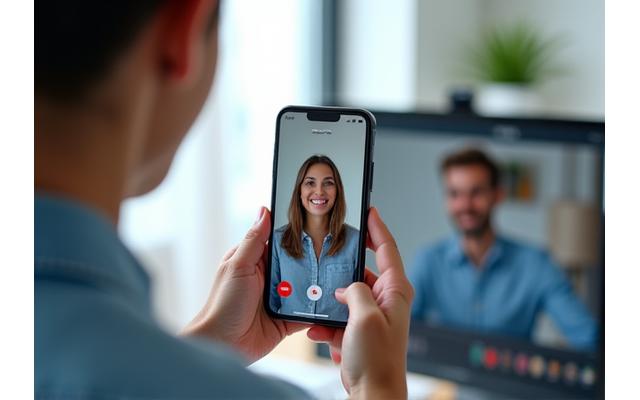 Person führt Video-Identifikation auf Smartphone durch