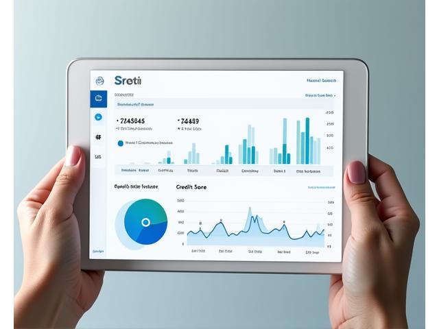 Ein interaktives Finanz-Dashboard auf einem Tablet, das Metriken und Diagramme des Kredit-Scores anzeigt, symbolisiert Echtzeit-Score-Monitoring und Analyse.