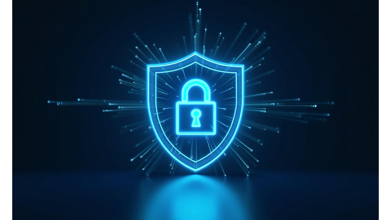 Ein digitales Schloss-Symbol mit einem blauen Schutzschild und abstrakten Datenströmen im Hintergrund, symbolisiert sichere und DSGVO-konforme Datenverarbeitung.