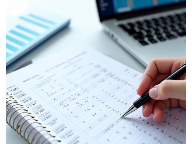 Geschäftsmann vor Notizbuch, das Einnahmen und Ausgaben visualisiert, symbolisiert finanzielle Stabilität.