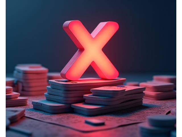 Ein rotes 'X' über einem Schuldenstapel bei einem Finanzdiagramm, symbolisiert die Vermeidung von Fehlerquellen und die Verbesserung der Kreditwürdigkeit.