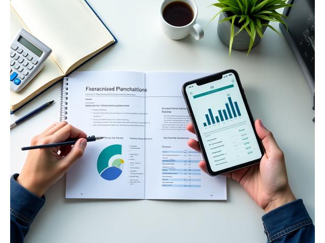 Person, die ein Haushaltsbuch mit Stift und Rechner führt, symbolisiert Budgetplanung