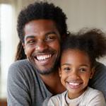 Porträt von Familie M., einem lächelnden Paar mit Kind