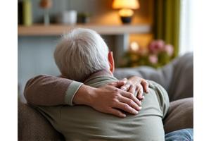 Älterer Mensch wird von junger Familie umarmt