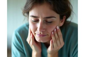 Person mit Schmerzen hält sich den Zahn