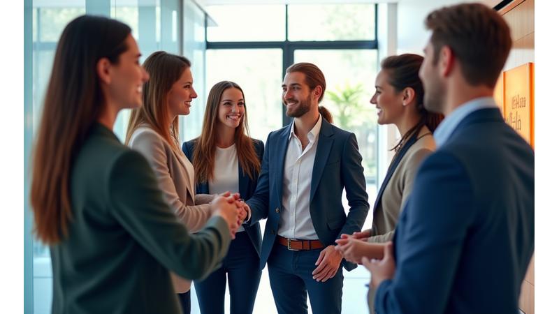 Eine Gruppe junger, erfolgreicher Absolventen in Business-Casual-Kleidung lacht und unterhält sich in einer modernen Büroumgebung, symbolisiert den erfolgreichen Übergang in die Karriere und Alumni-Netzwerk.
