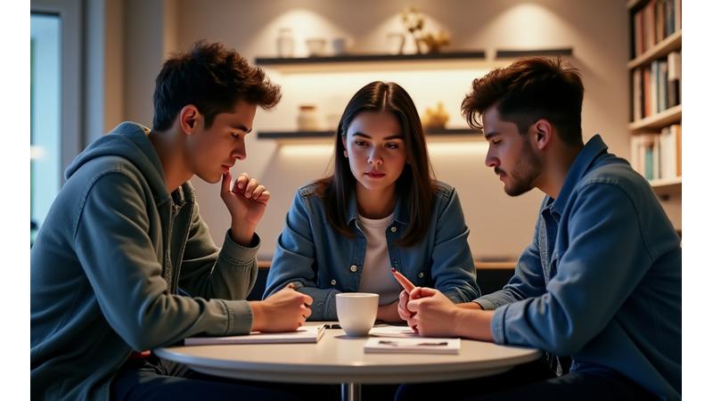 Drei junge Erwachsene sitzen in einem Café, diskutieren und verwenden Notizbücher und ein Tablet, um Finanzstrategien zu planen, symbolisiert kollaboratives Lernen und Finanzbildung.