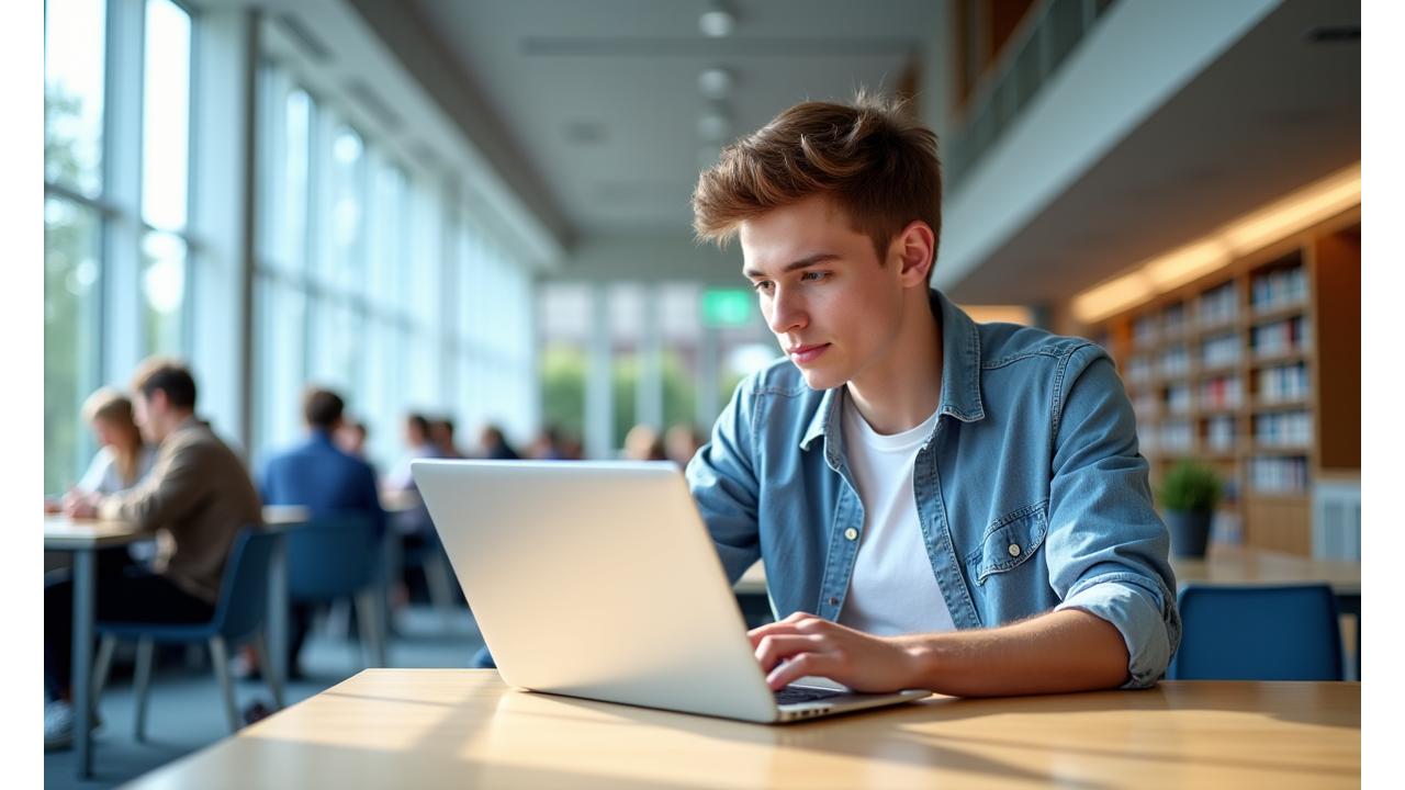 Junger Student arbeitet konzentriert am Laptop, im Hintergrund moderne Campus-Bibliothek, repräsentiert Fokus auf Bildung und Karriere.