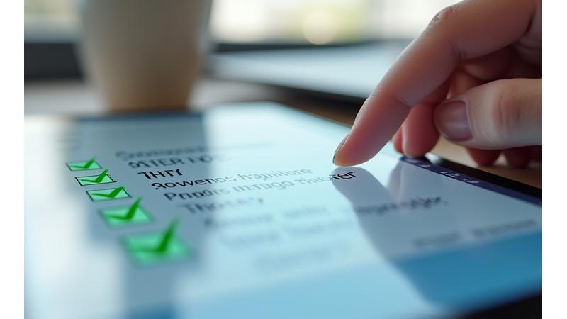 Nahaufnahme einer Hand, die eine digitale Checkliste auf einem Tablet abhakt, symbolisiert die einfachen Voraussetzungen für einen Studentenkredit und den digitalen Antragsablauf.
