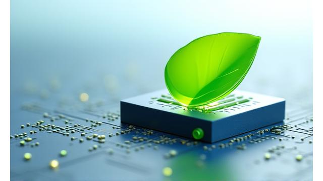 Grünes Blatt sprießt aus einem Mikrochip-Board, symbolisiert nachhaltige Technologie.