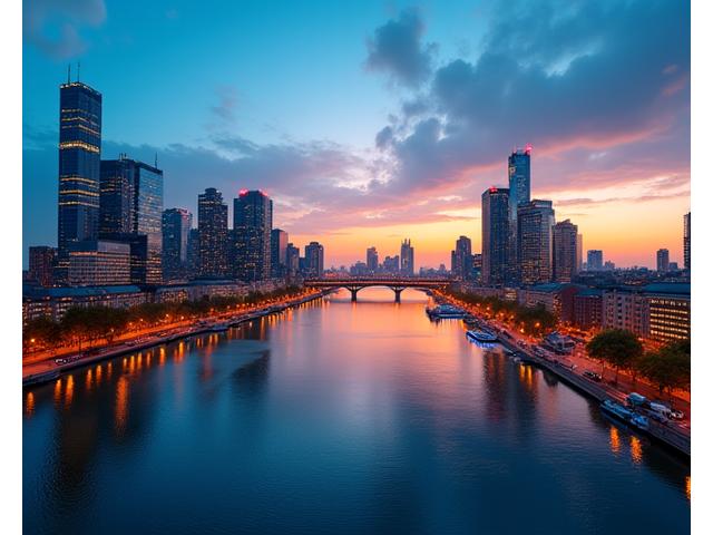 Panoramablick auf die moderne Skyline von Frankfurt am Main bei Sonnenuntergang.